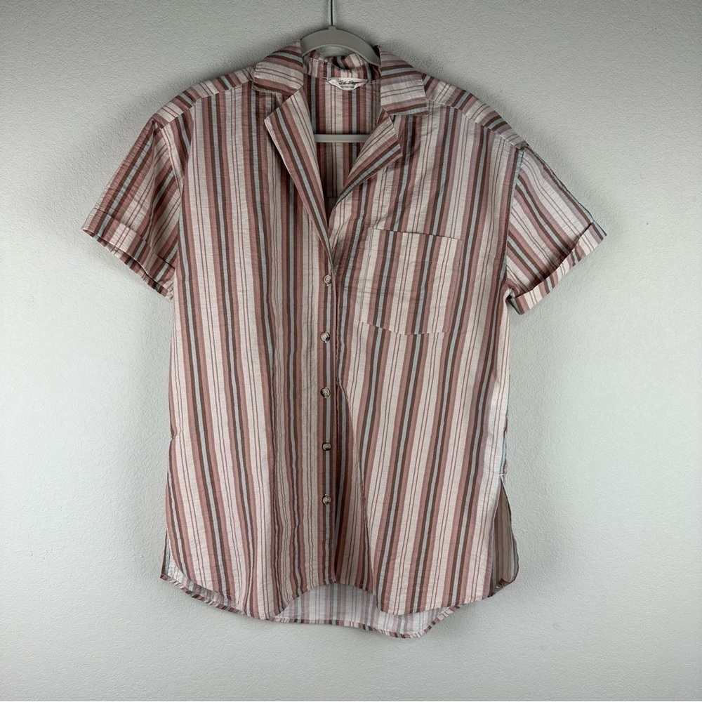 We The Free Pink Blue Stripe Poolside Short Sleeve Boyfriend Button Up Shirt XS